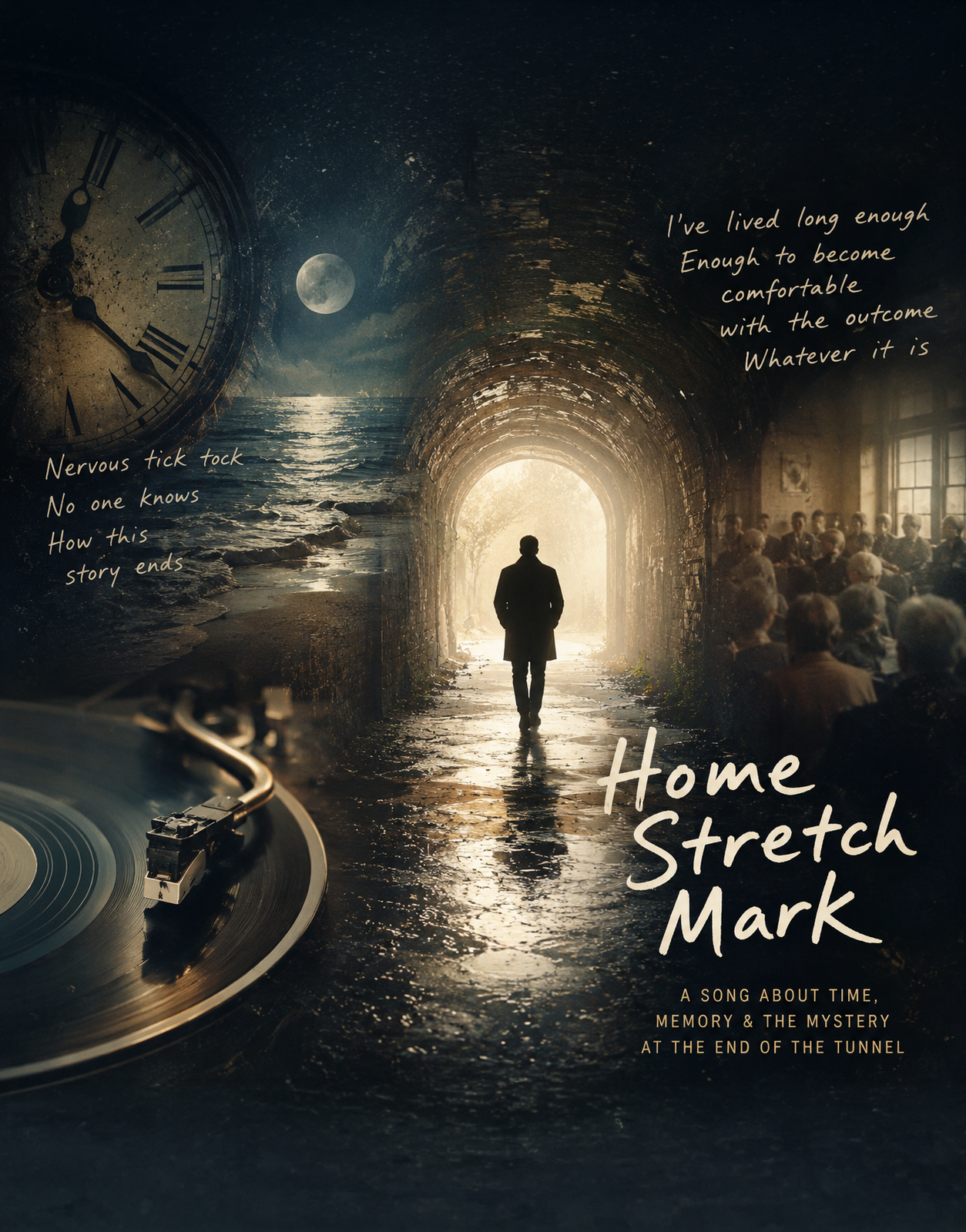 Artwork for Home Stretch Mark: a figure walking toward light at the end of a tunnel, with clock, moonlit sea, vinyl record, and seated elders in surrounding vignettes.