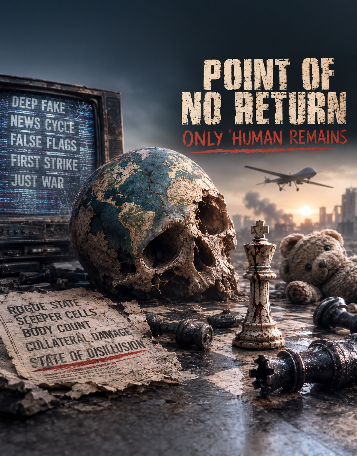 Artwork for Only Human Remains: a skull-globe amid chess pieces, a vintage television, torn documents, and a drone over a ruined city.