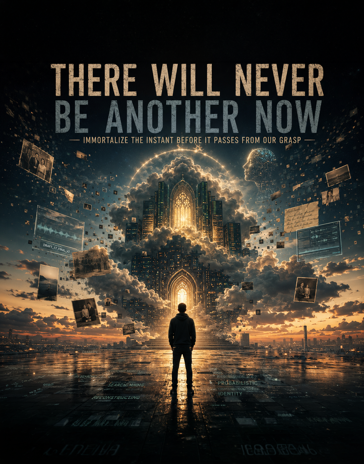 Artwork for There Will Never Be Another Now: a figure facing a cloud cathedral assembled from cities, archives, photographs, and digital fragments.